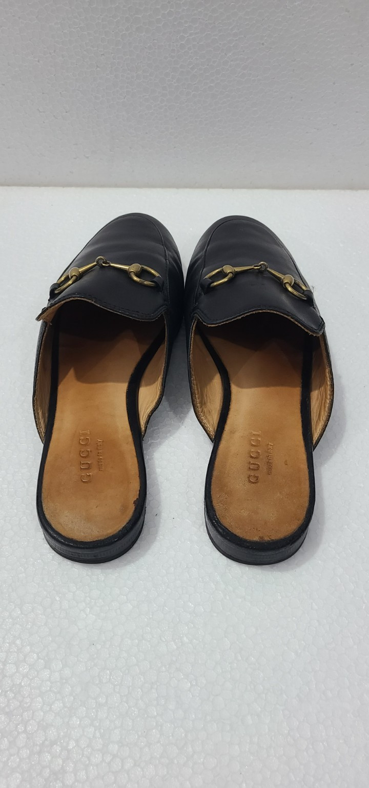 GUCCI Black Leather Princetown Mules Slides Gold Horsebit Size EU 35 US 4.5