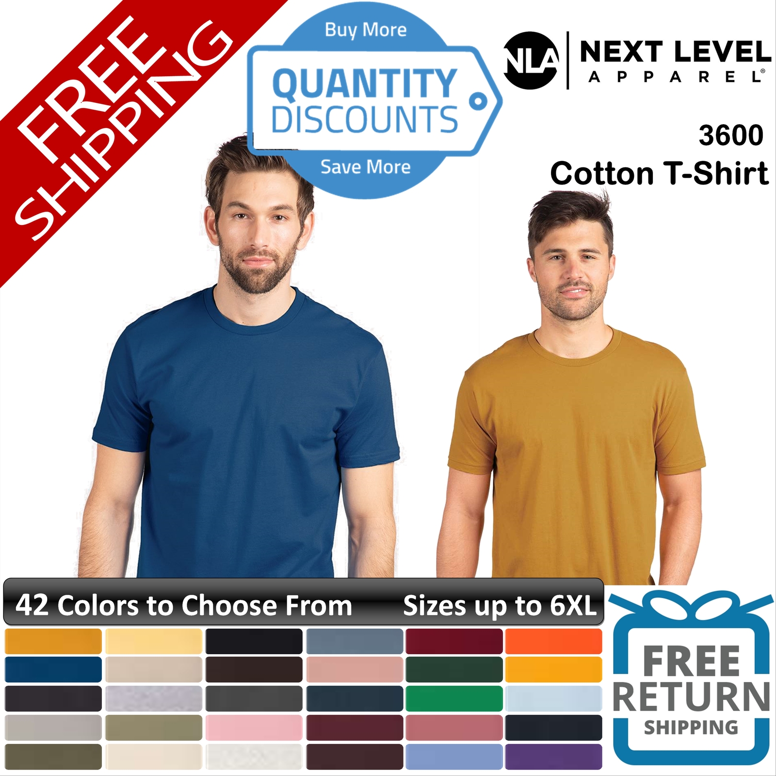 🔥 Next Level Men Cotton T-shirt Ring-spun Cotton Short Sleeve Up To 6xl 3600a