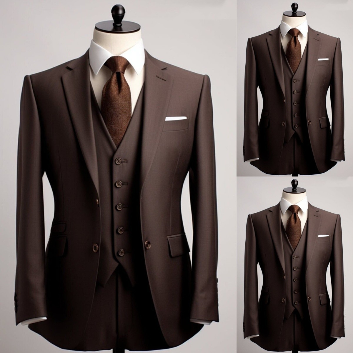 Brown Men’s Suits 3Pcs Notchk Lapel Formal Jacket TuxedosBusiness Coat Tuxedos