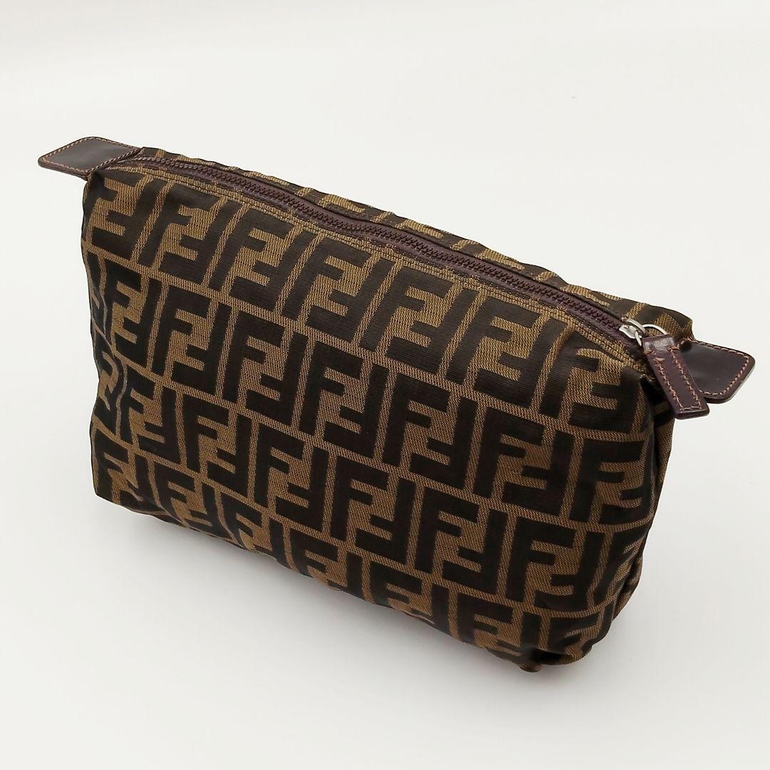 Fendi Zucca Canvas Cosmetic Pouch Brown FF Logo Authentic 25cm Bag