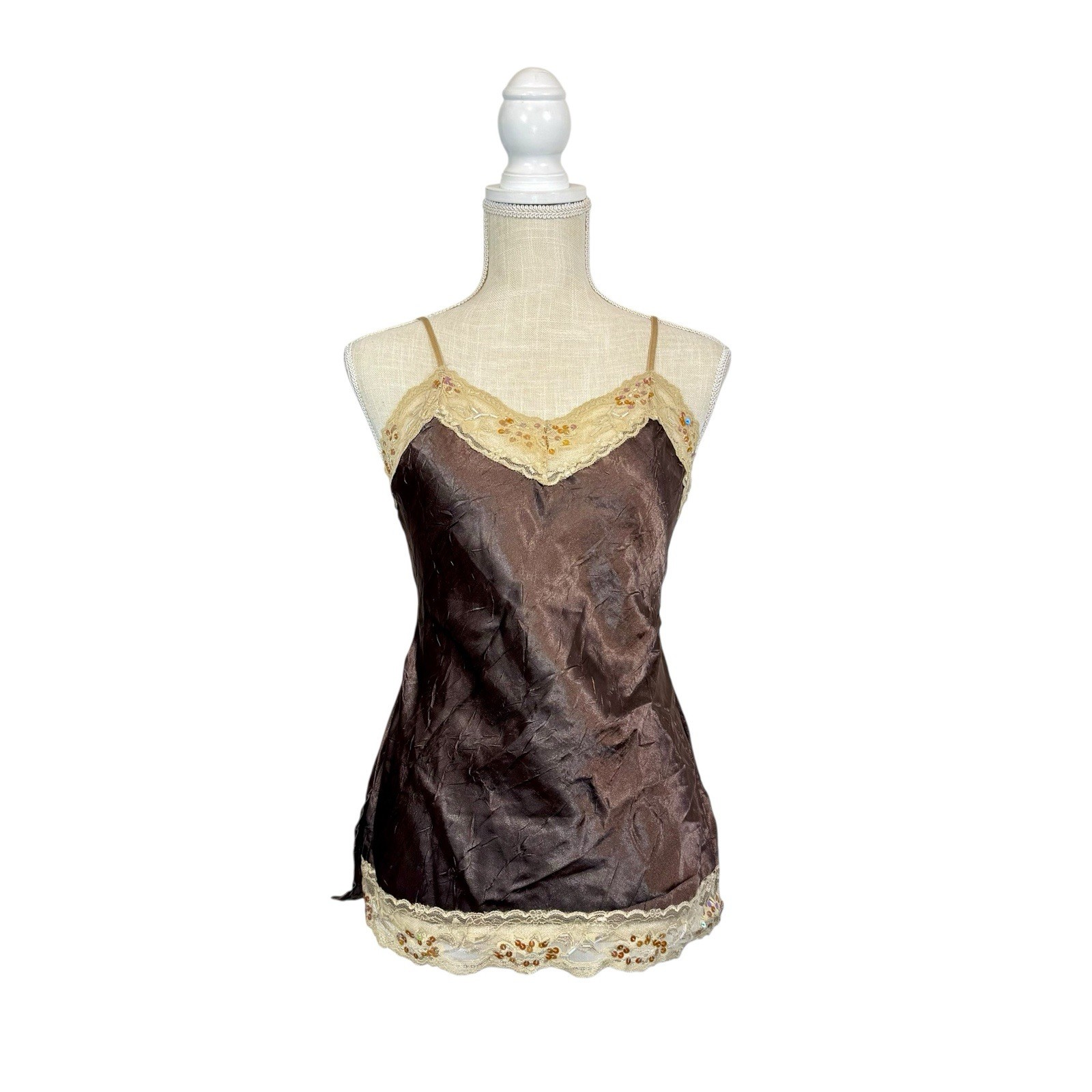 VTG Y2K No Boundaries Lace Lined Brown Cami Top Feminine Romantic Coquette 7/9