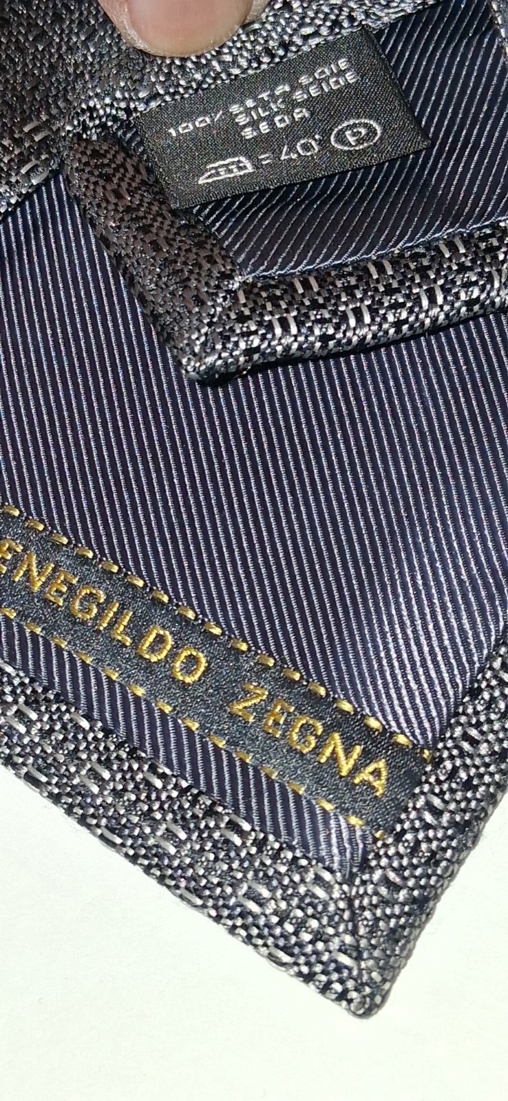 Ermenegildo zegna Men’s Silk Necktie Grey Base with Deep Blue Diagonal Stripes.
