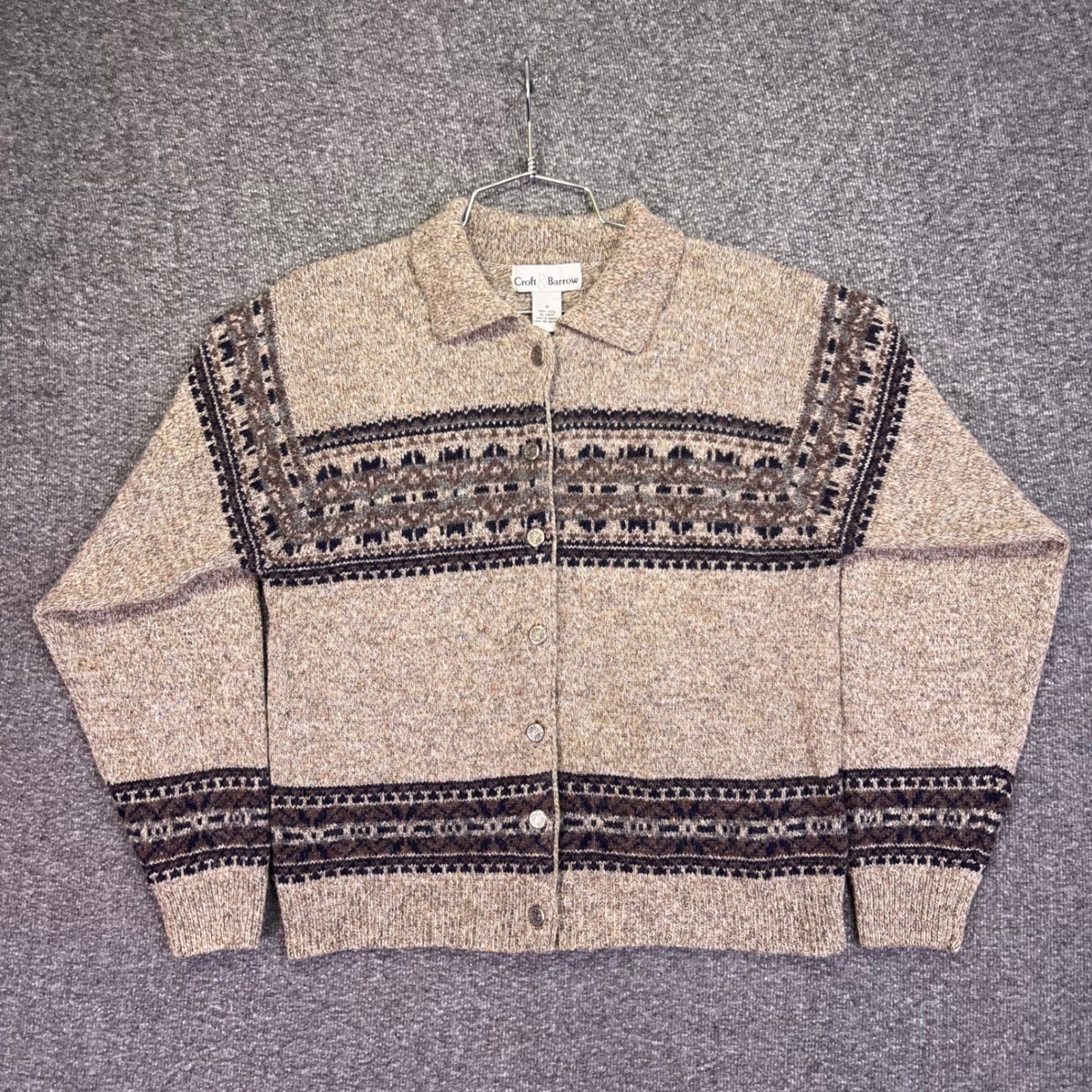Croft & Barrow Wool Cardigan Womens Small Tan Fair Isle Button Casual Collared