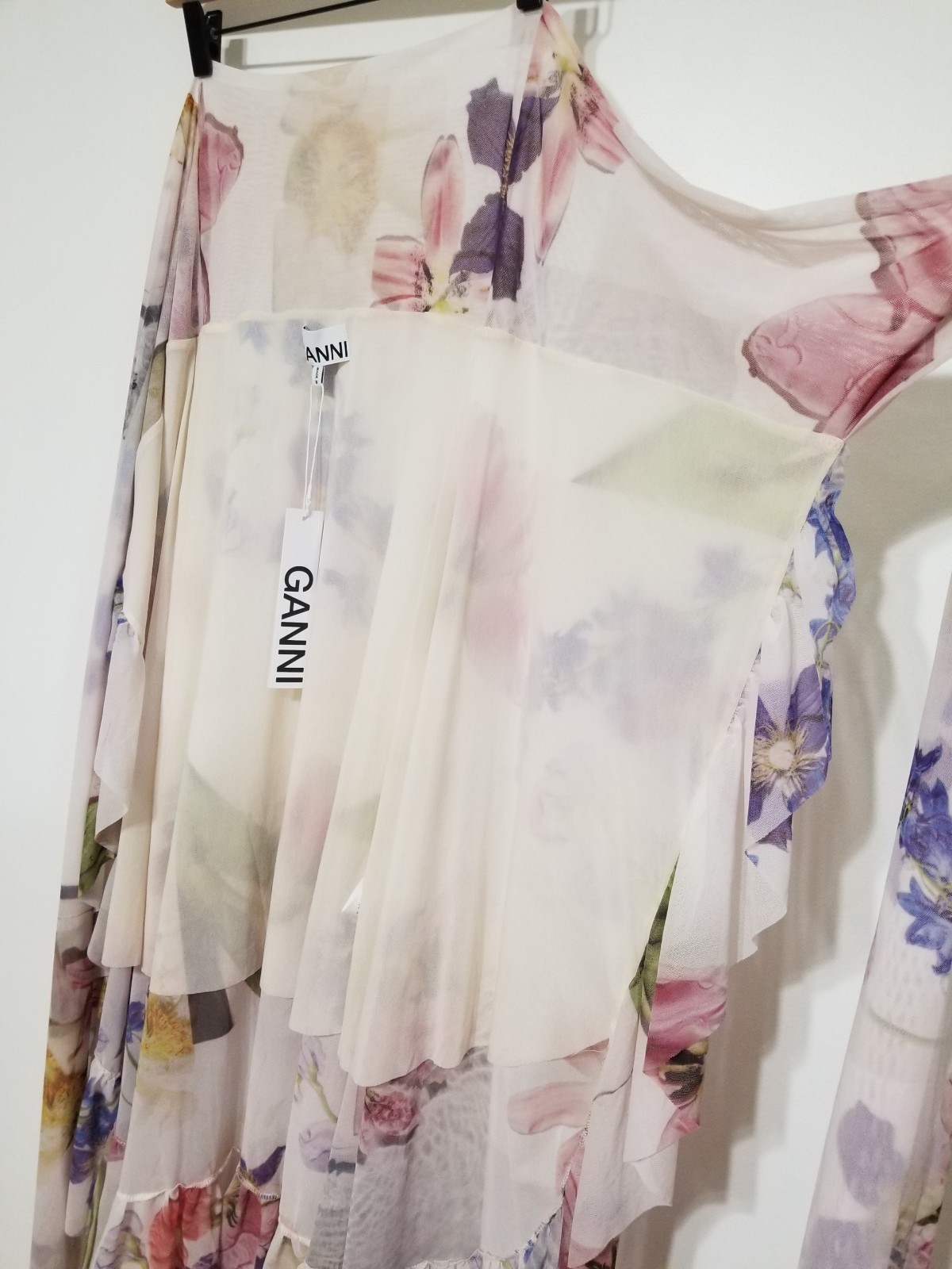 NWT GANNI Floral Mesh Ruffled Wrap Midi Skirt White Size EU 36/ US4 $225