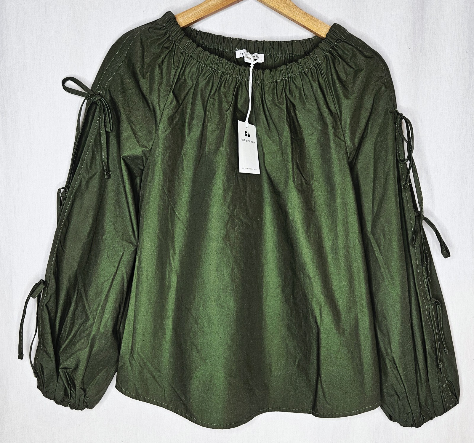Free Assembly Green Gathered Neck Off Shoulder Top Tie Sleeve XS S M L or XL