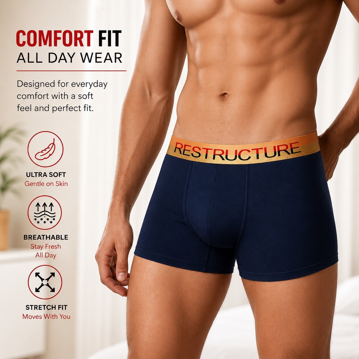 Organic Bamboo Mens Boxer Trunks 3 Pack Breathable Soft Underwear – Medium