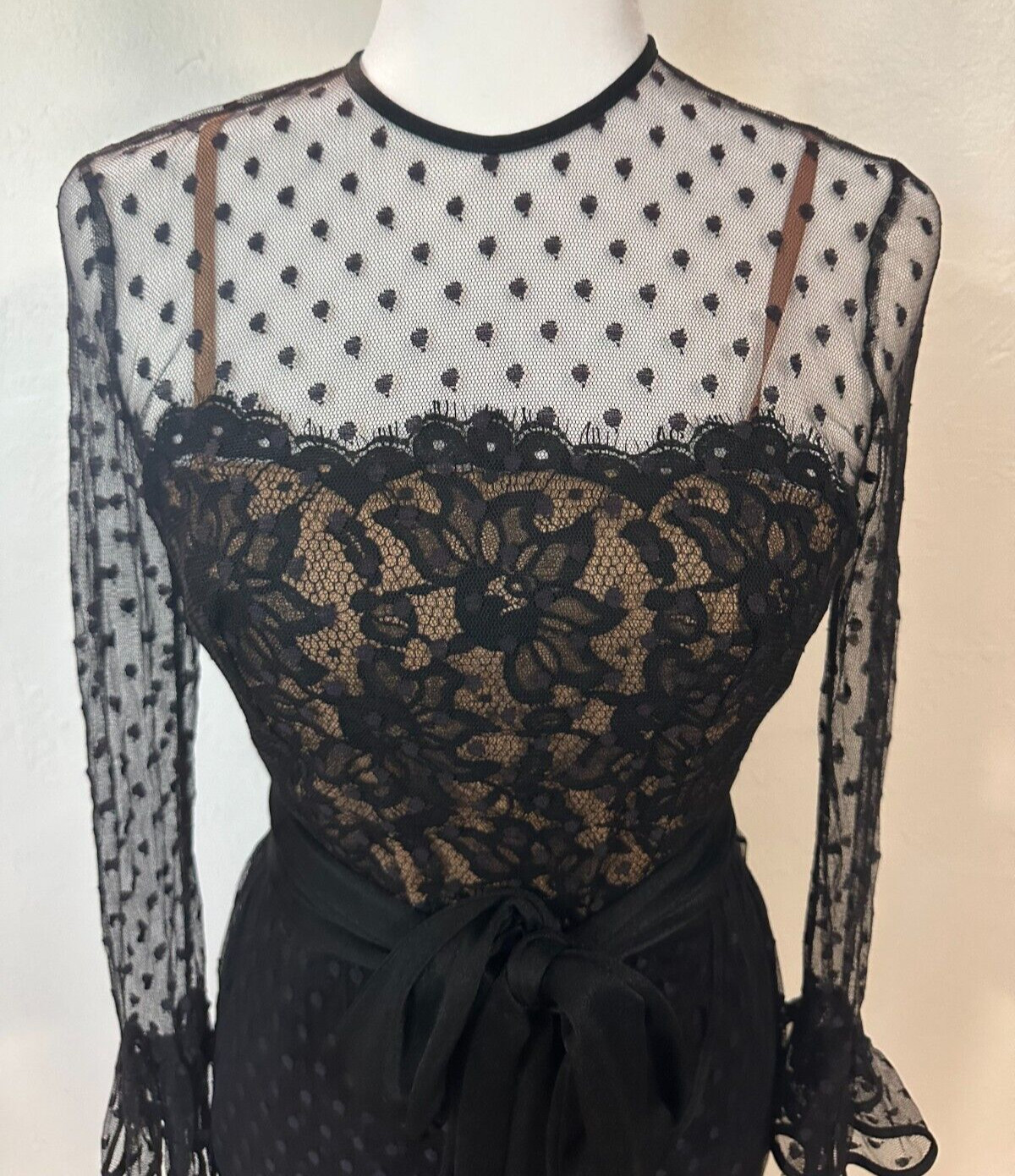 Vintage 60s Jack Bryan Illusion Lace Polka Dot Tulle Flouncy Cocktail Dress