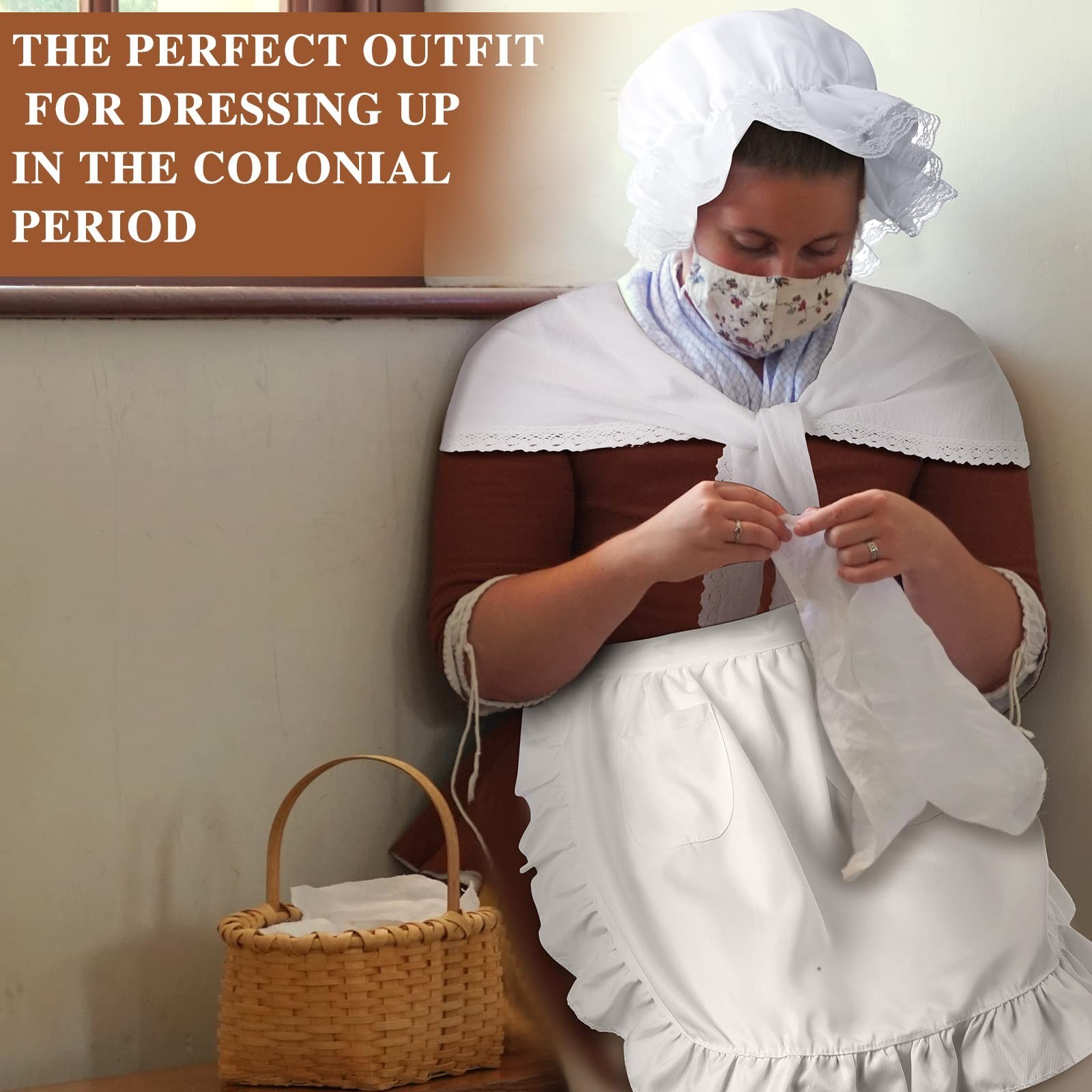 Hercicy Colonial Costume Women Set White Mob Cap Bonnet Shawl Waist Apron Pil…