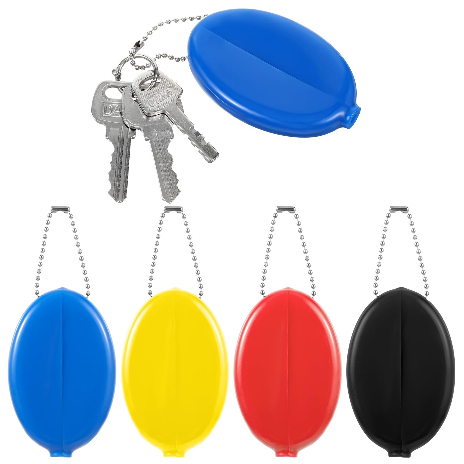 4 Pack Rubber Coin Purse Oval Squeeze Coin Holders with Chain for Men Women