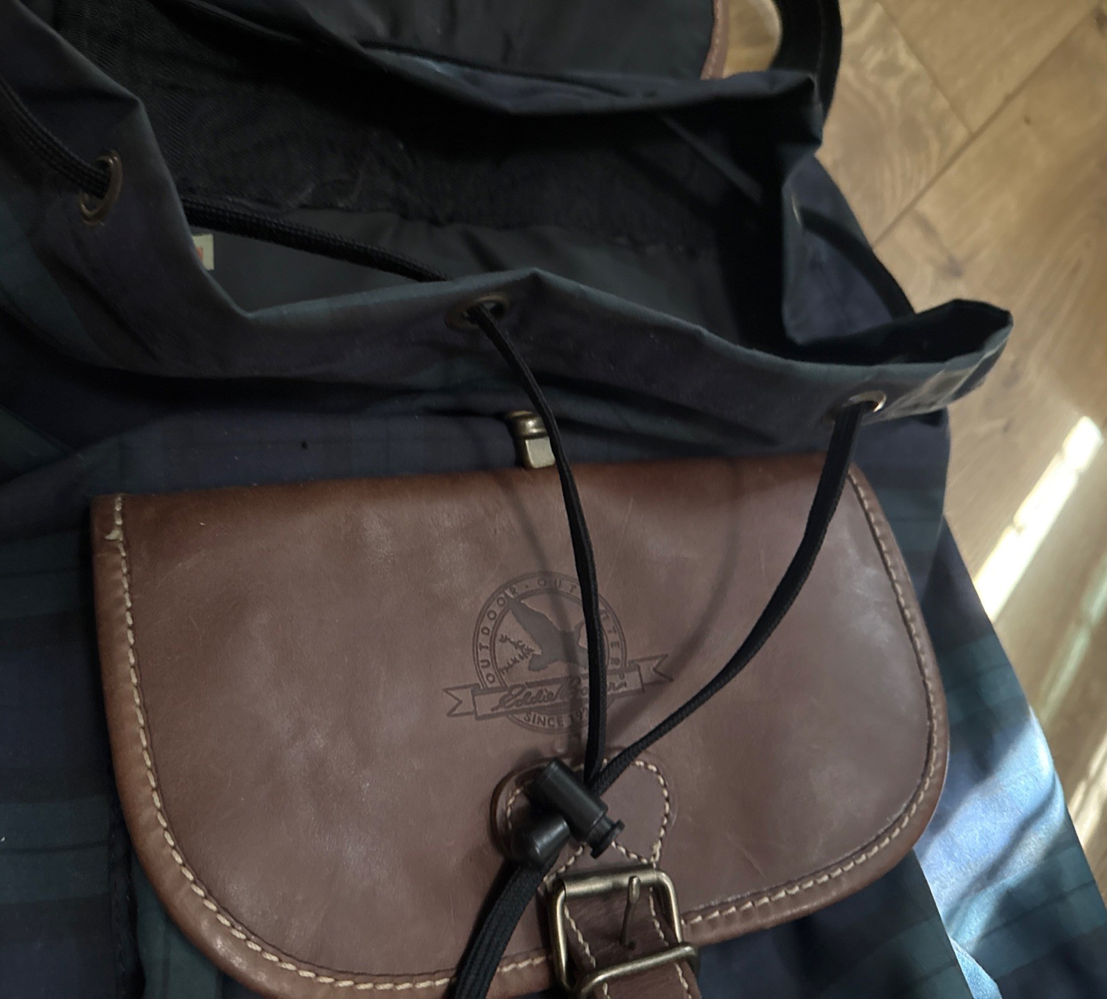 Vintage Eddie Bauer Leather Plaid Turn Lock Large Daypack Rucksack Backpack Rare