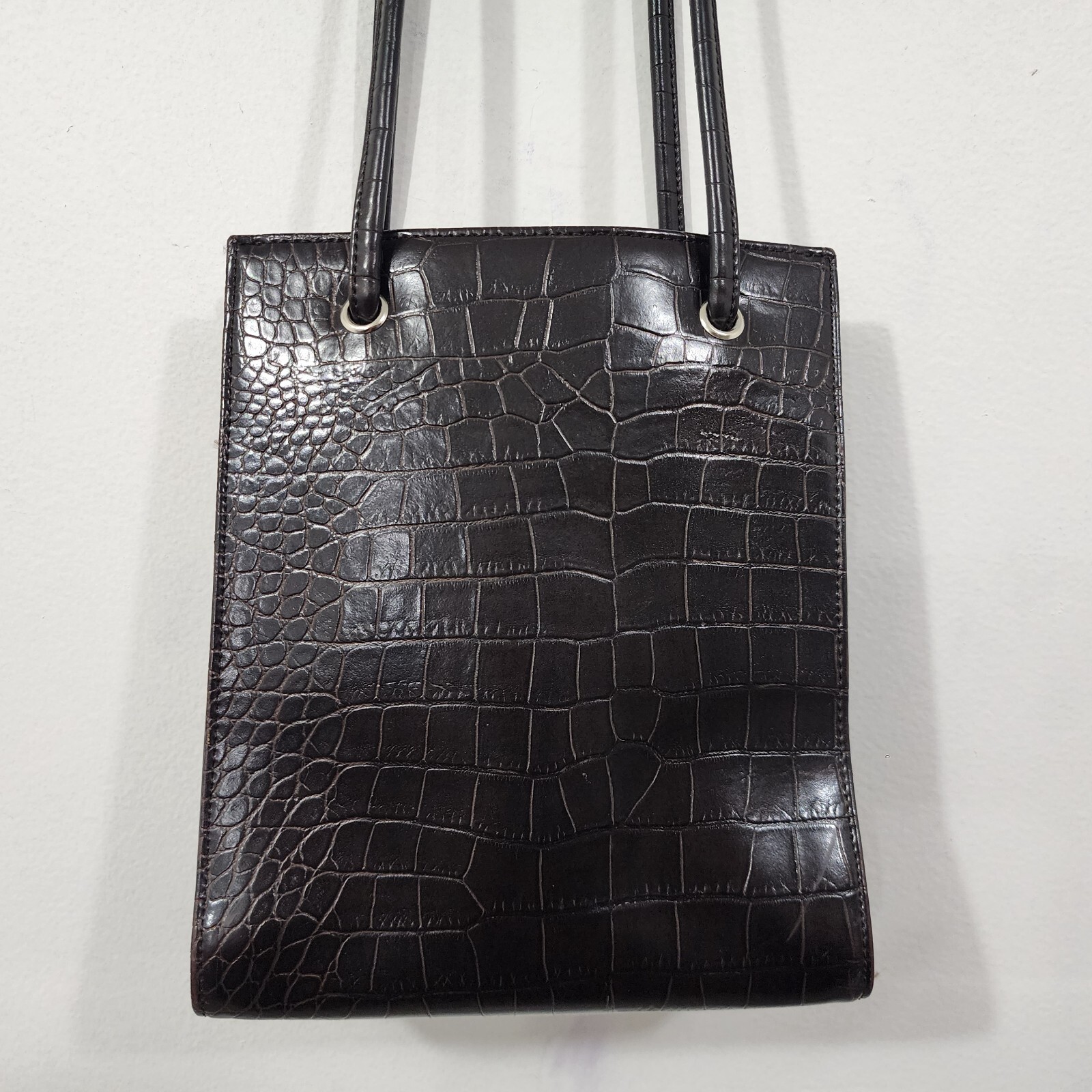 Vintage 90s Nine West Croc Embossed Shoulder Bag Brown Faux Leather Nylon Lining
