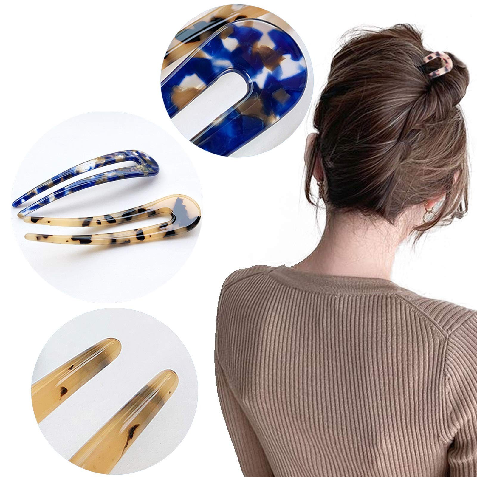 U Shape Tortoise Shell Hair Forks – 3 Pack Vintage Updo Pins for Thin/Thick Hair
