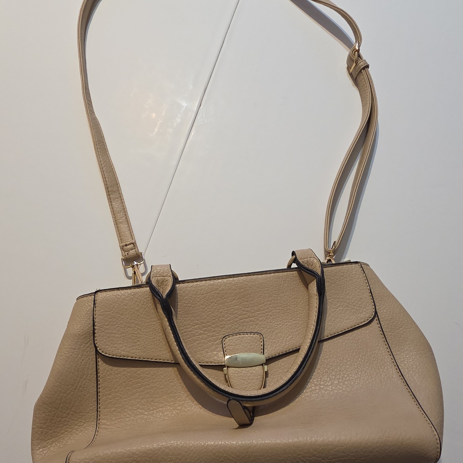 Beige Pebbled Satchel Top Handle Bag Double Handles Zip Turn Lock Strap