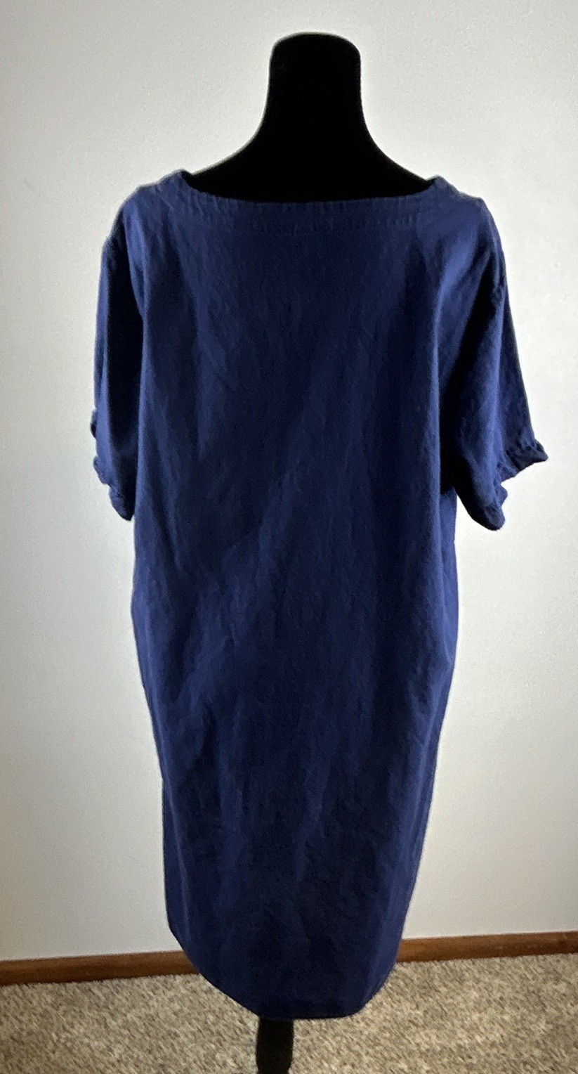 Cre Coton Women’s Blue Solid Woven Linen/Cotton Boat Neck Shift Pockets XL