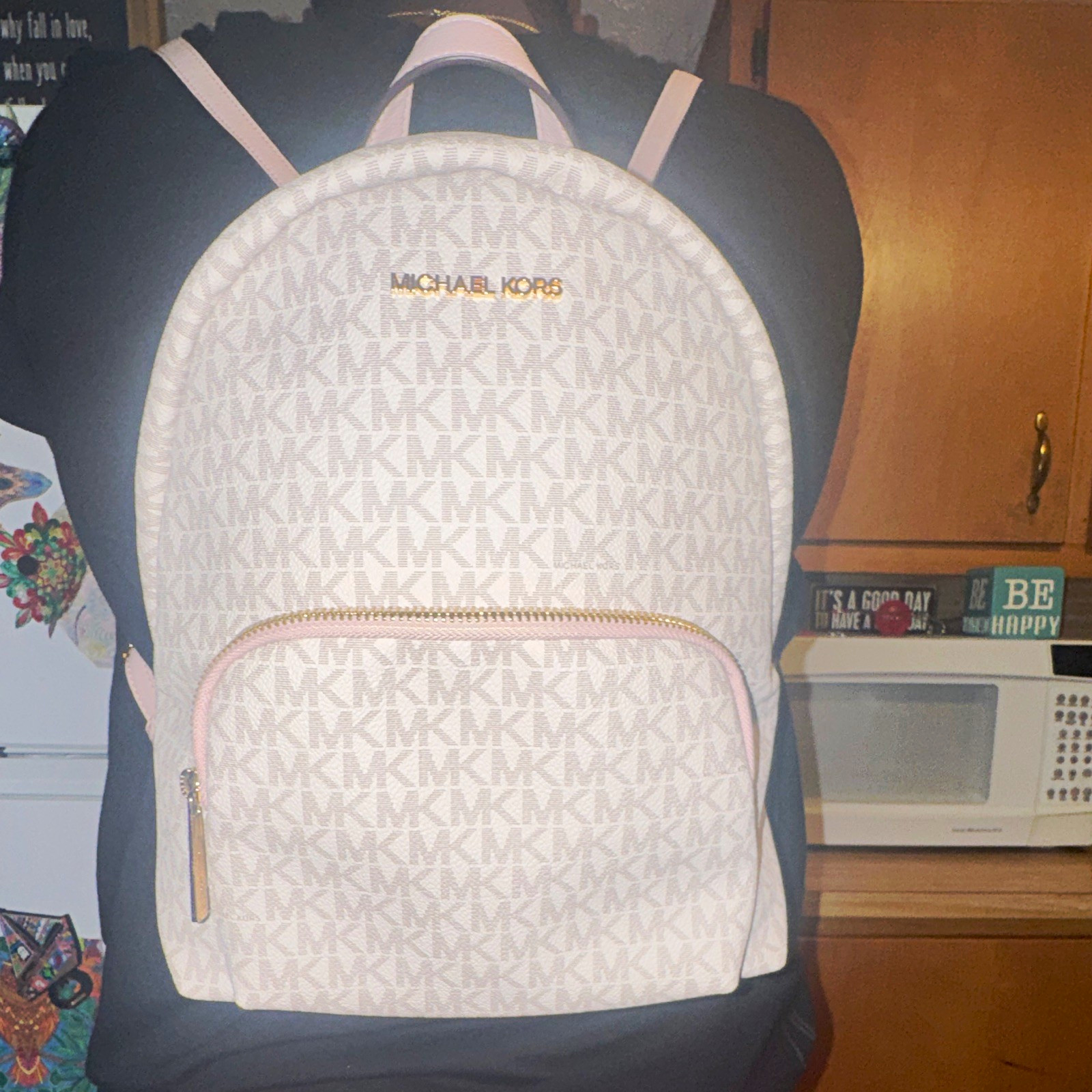 Michael Kors Logo Print Small Backpack Beige/Pink Gold Hardware Zip Detach Strap
