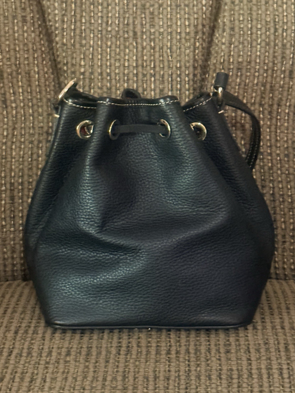 Dooney & Bourke Black Pebbled Drawstring Bucket Bag Tassel, Adjustable Strap
