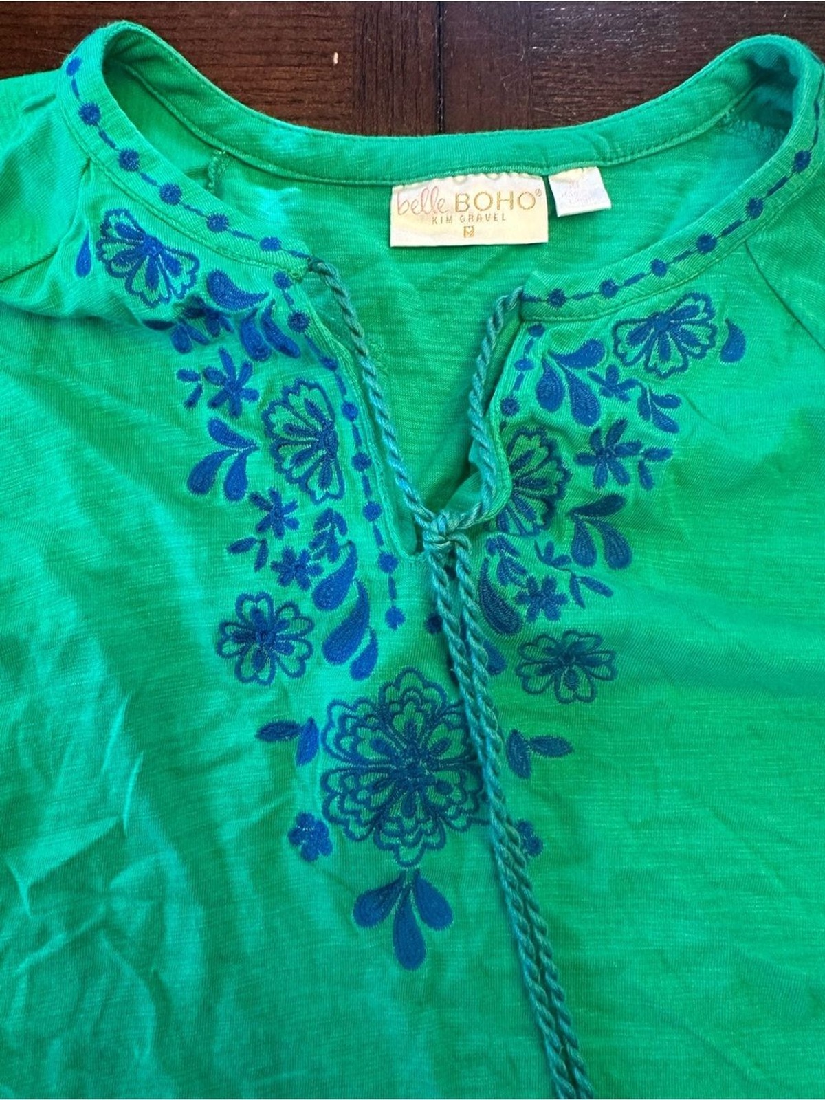 Belle Boho by Kim Gravel Emerald Green Long-Sleeve Peasant Blue Embroidery XL
