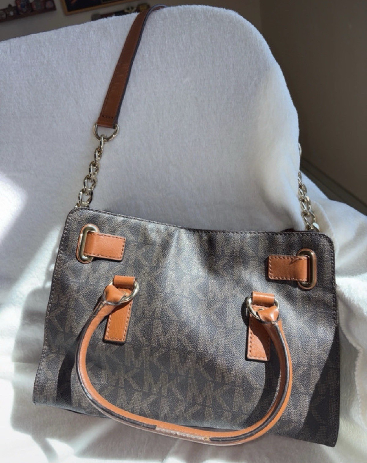 Michael Kors Brown/Gray Monogram Satchel Top Handle Chain Strap Key Detachable