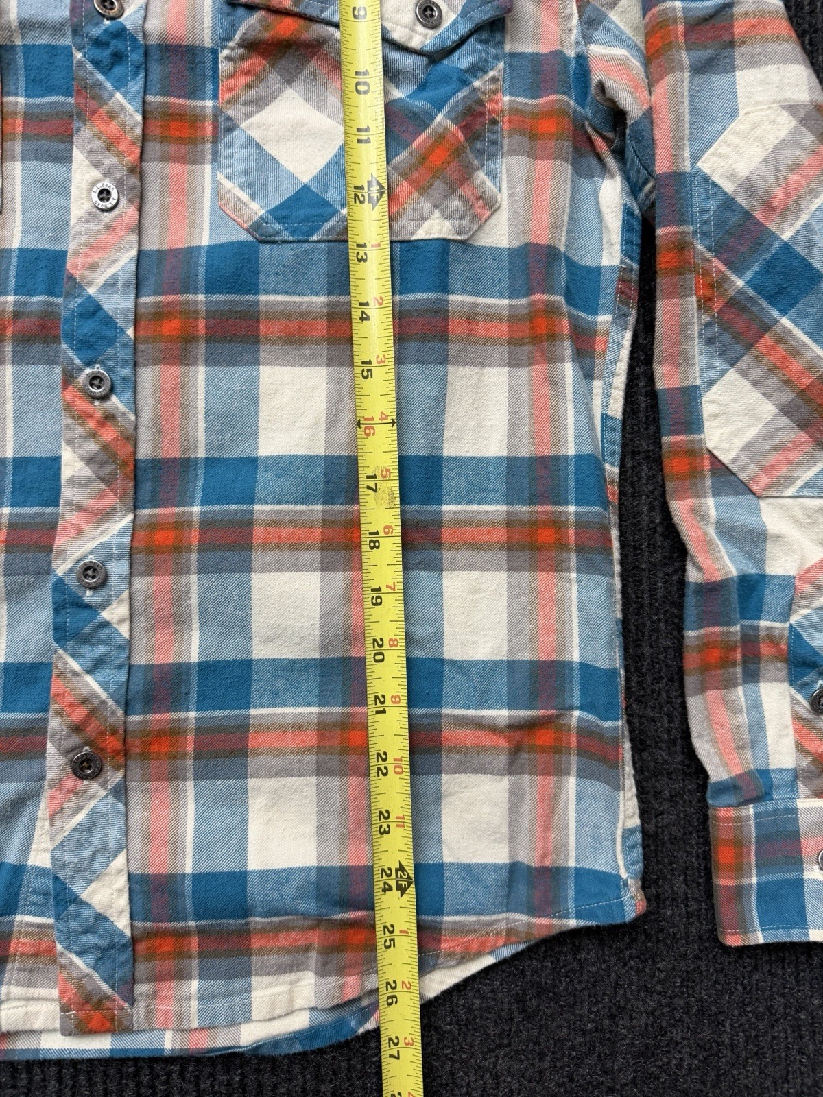 LL Bean Flannel Blue Orange Plaid Elbow Pads Organic Cotton 504187 Mens Small