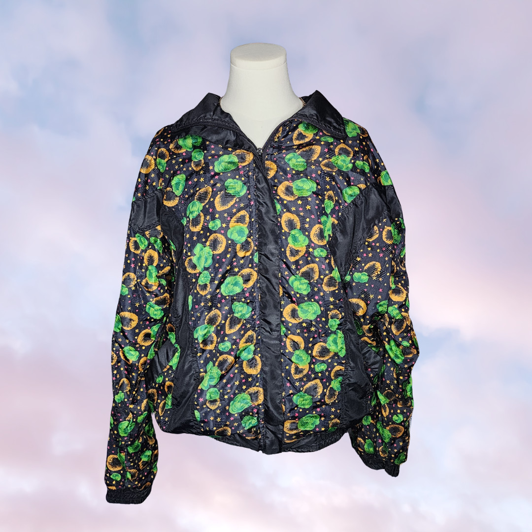 Vtg 80s Miramax Colorful Zip Up Windbreaker Floral Black Green Yellow Stars L