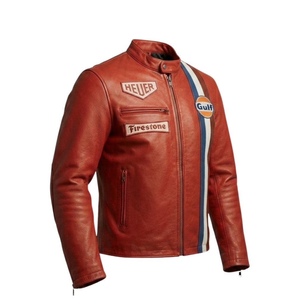 Gulf Red Biker Jacket Heuer Steve McQueen Racing Style Stripes Jacket