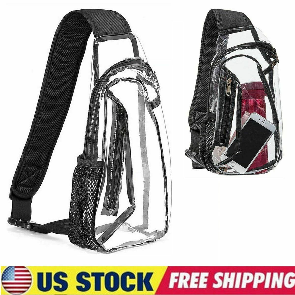 Clear PVC Stadium Approved Sling Chest Bag w/ Mesh Pocket Concert Sports Travel