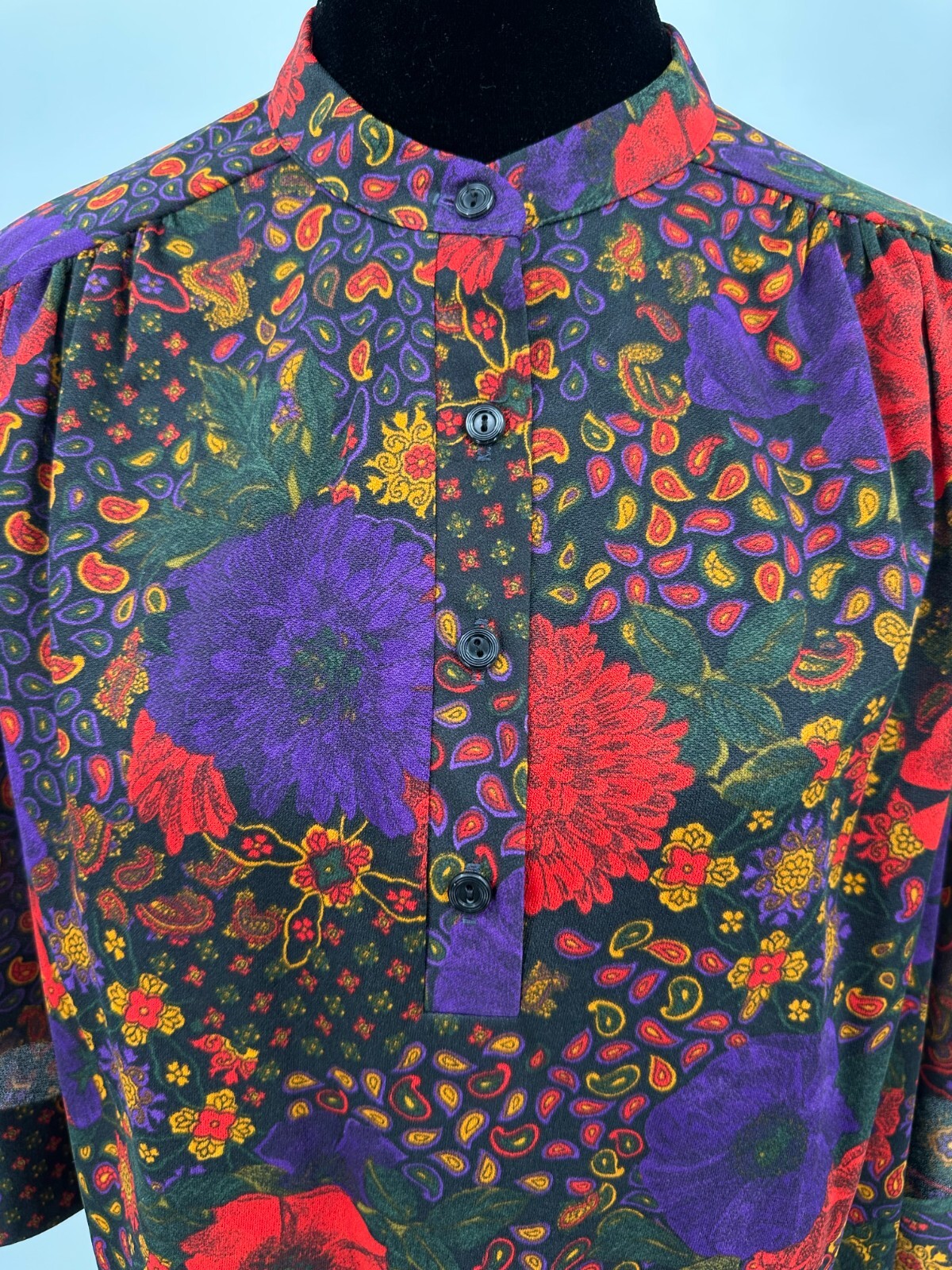 Top Notch Womens 3/4 Sleeve Blouse Size 38/18W Black Paisley Floral Retro Print