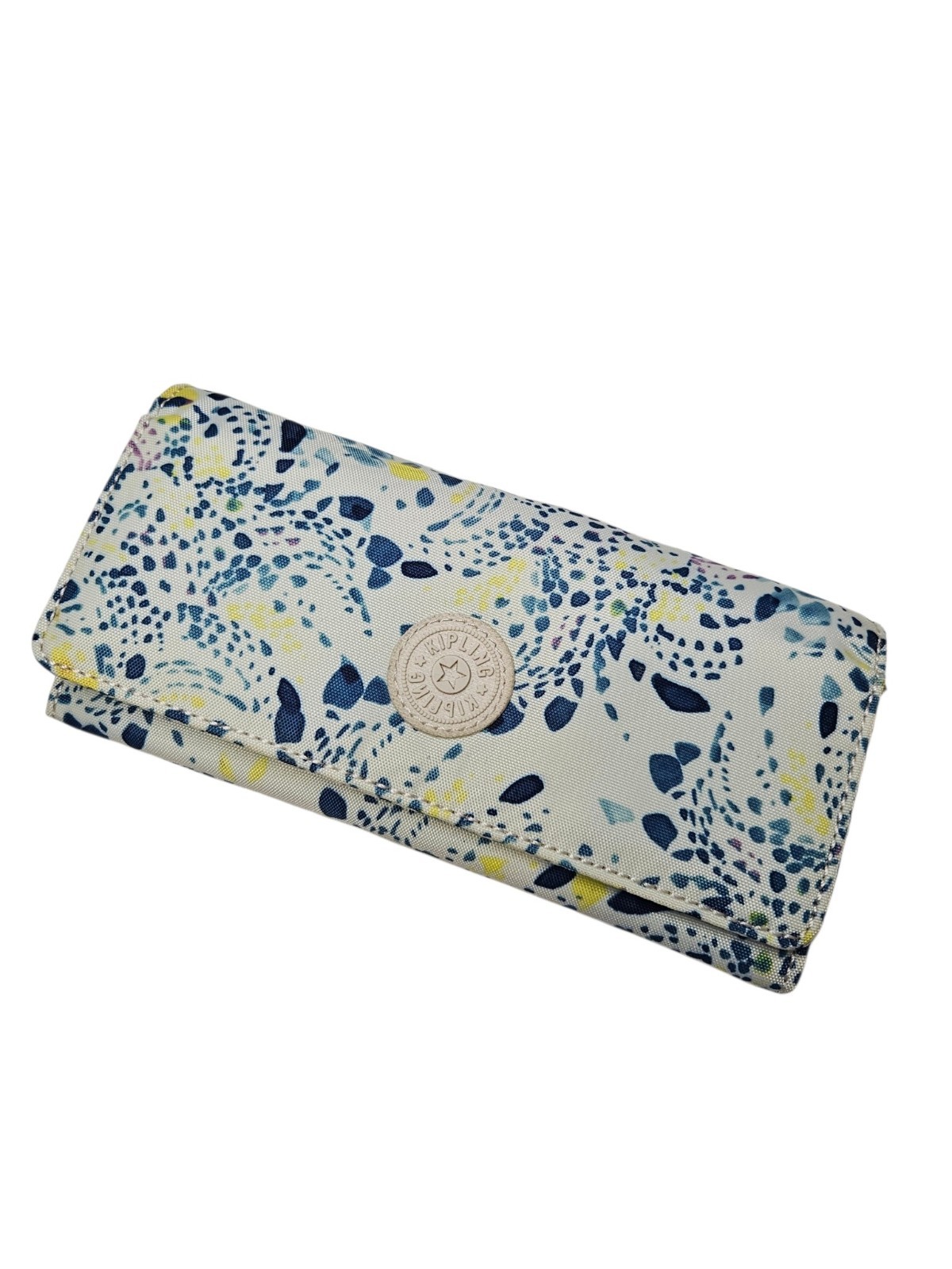 Kipling Women’s Checkbook Wallet Abstract Print White Blue Yellow Folding