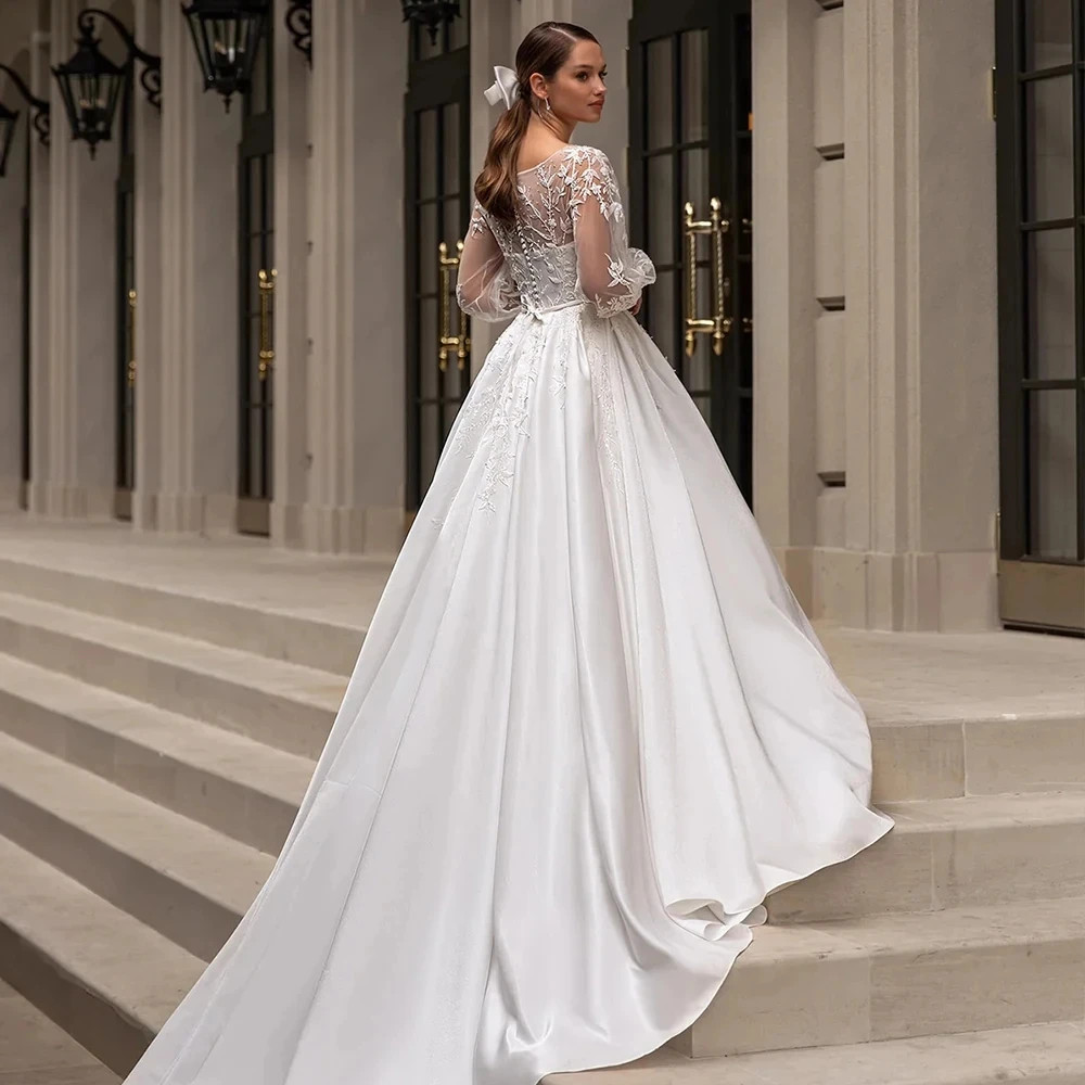White Satin Wedding Dresses Long Lace Puff Sleeve A-Line Bridal Gown With Train