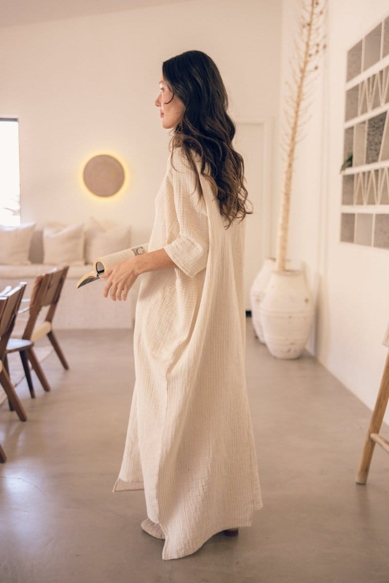 Odd Bird Ruya Tunic Dress XS/S Ivory Organic Cotton Gauze Belted Caftan