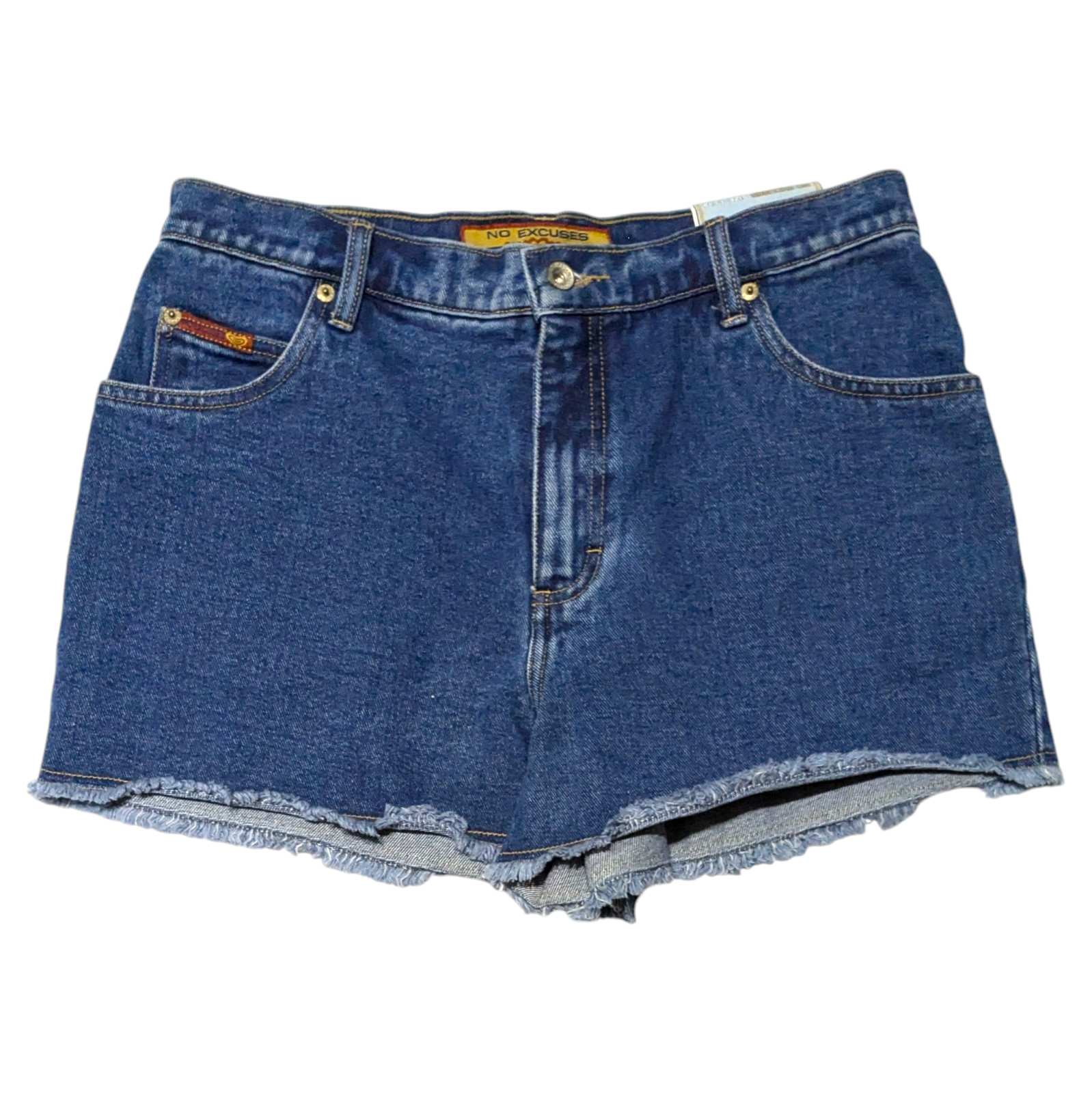 Vintage 90s NO EXCUSES High Rise Jean Shorts 13/14 (32×3) Blue Denim Raw Hem NWT