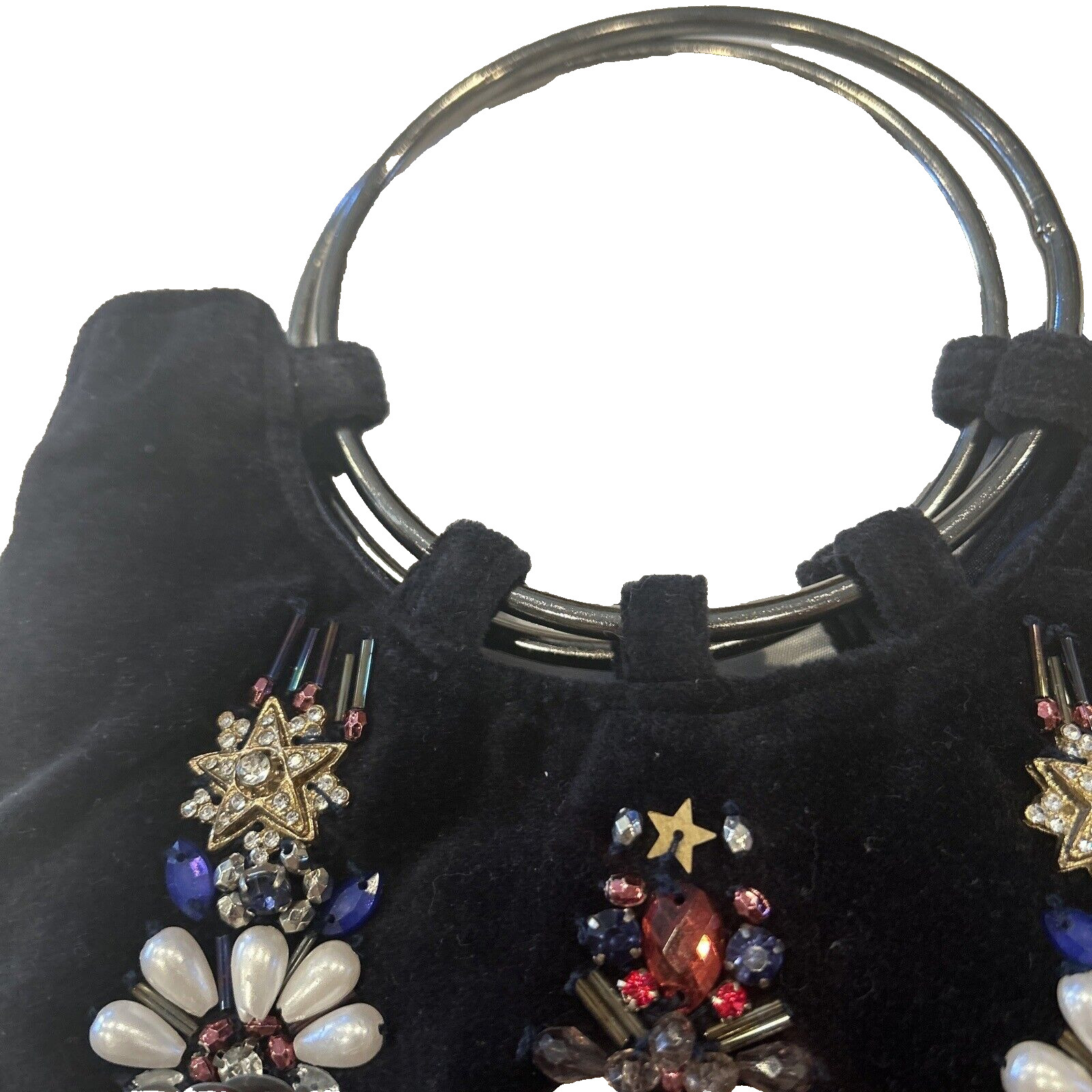 Accessorize Izabella Embellished Ring Handle Velvet Pouch Handbag Boho Bag Purse