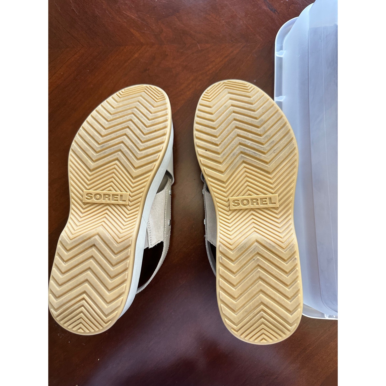 Sorel Cameron Flatform Sandals Beige Leather Suede Slingback Chunky Platform