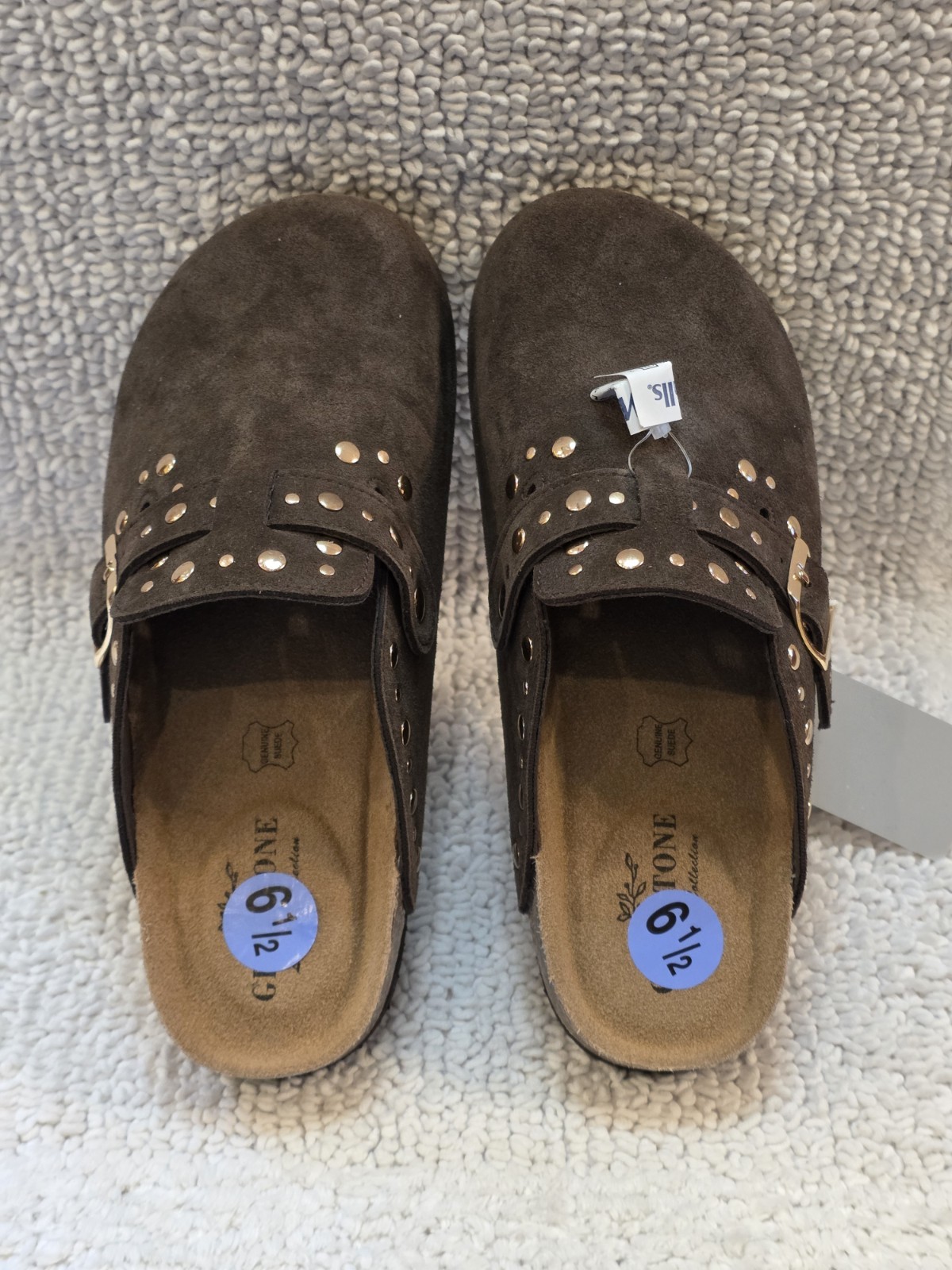 Greystone Brown Genuine Suede Womens6.5 Gold Rivet Studded Sandals SlipOn Clogs