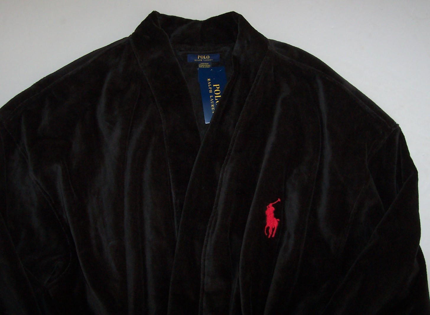 NWT Polo Ralph Lauren SOLID BLACK Cotton Velour 48″ Robe Men’s L/XL RED PONY