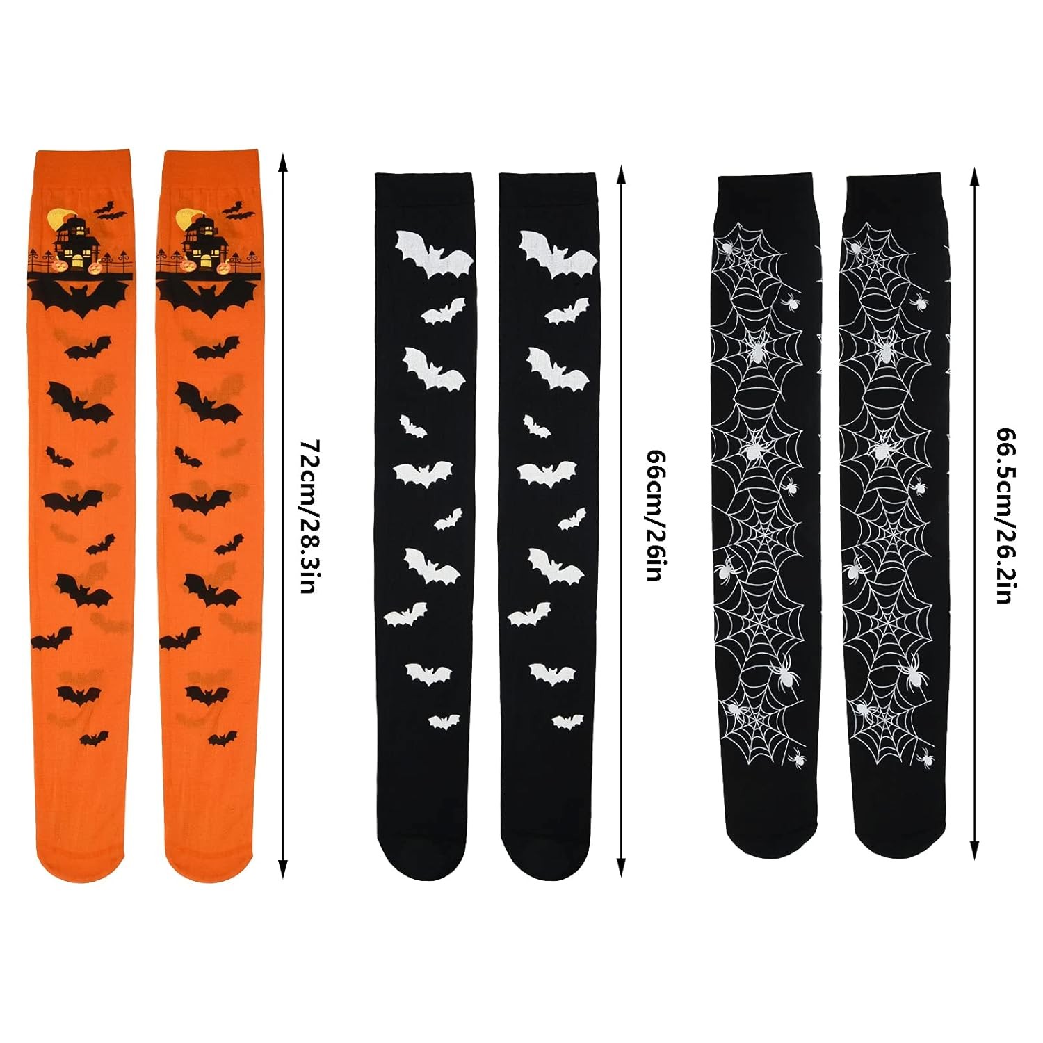 Thigh High Halloween Socks Long Over Knee Spider Bat Stockings 3 Pairs Hosiery