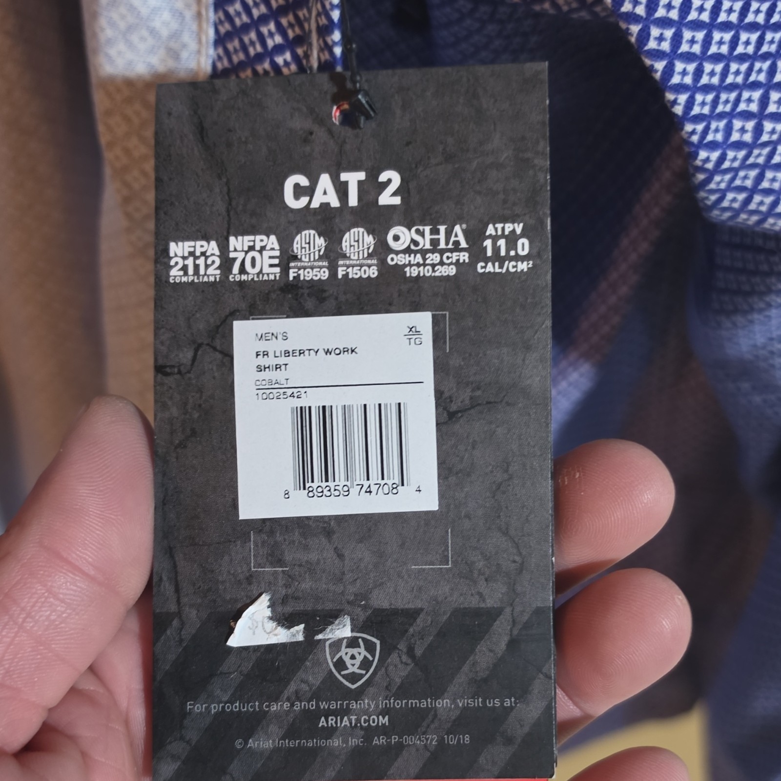 Ariat FR CAT 2 Men’s Woven Cotton Button-Up Work Shirt XL Cobalt