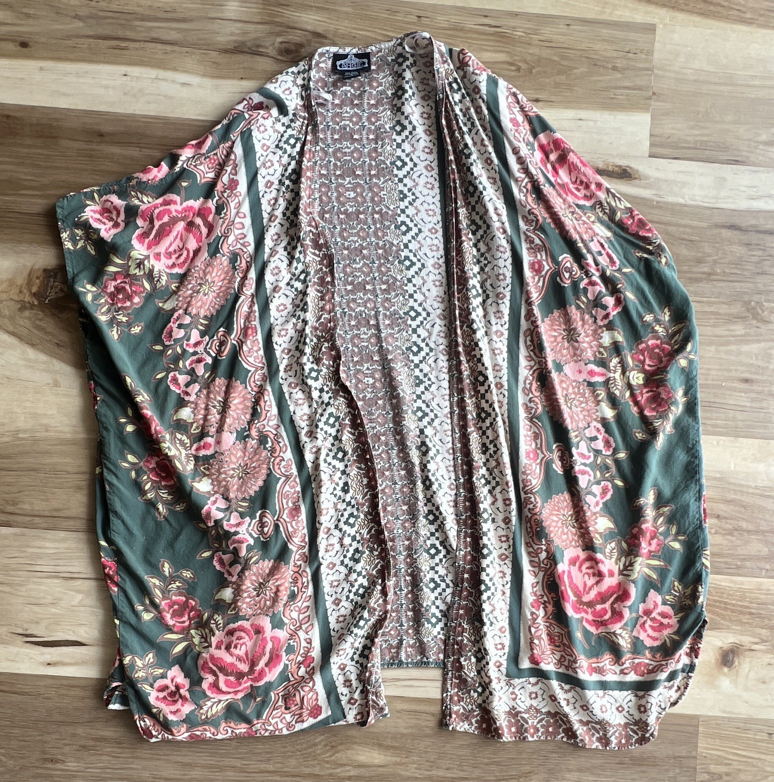 ANGIE Women’s Floral Woven Rayon Shawl/kimono Green Pink Brown Cream