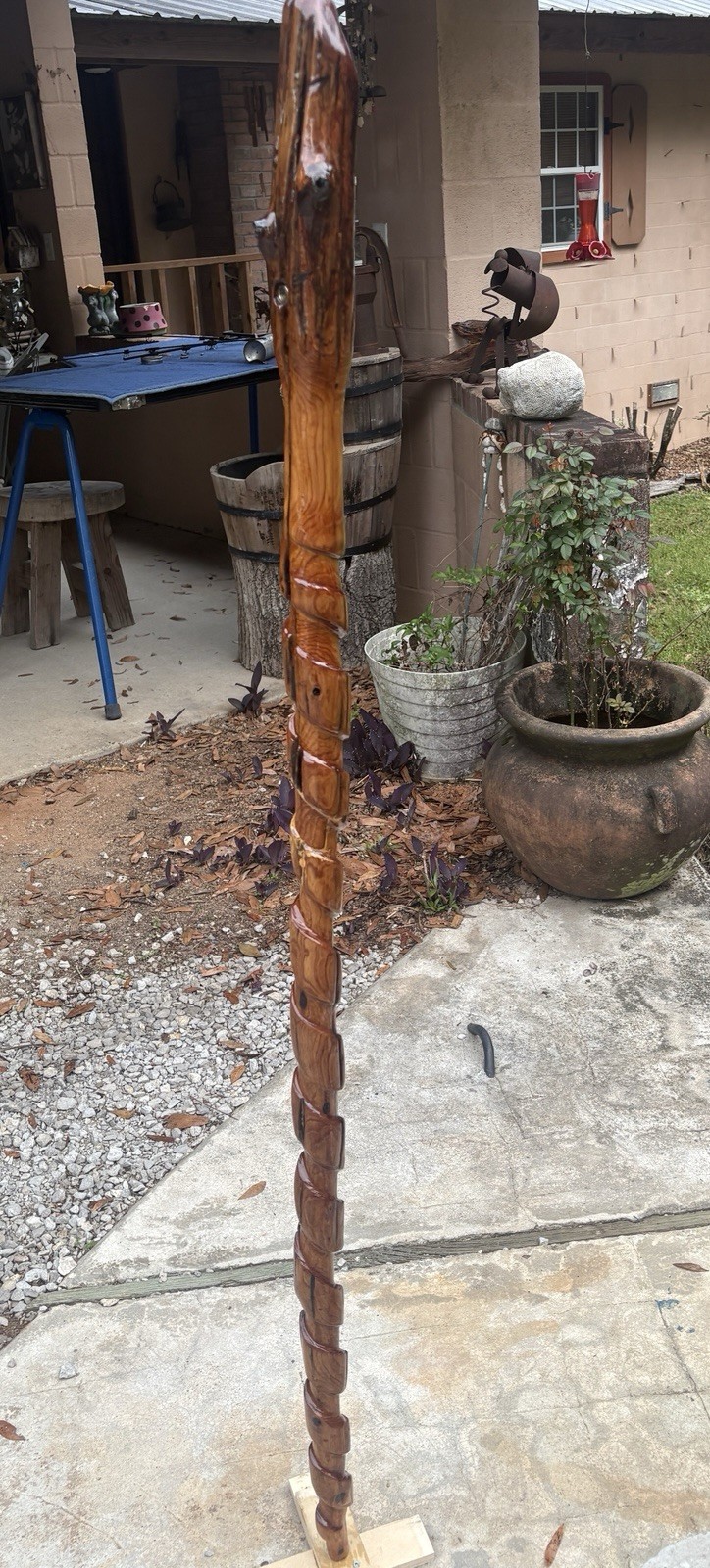 59” Hiking Staff Walking Stick W/stand Hand Carved Juniper From Gulf Coast River