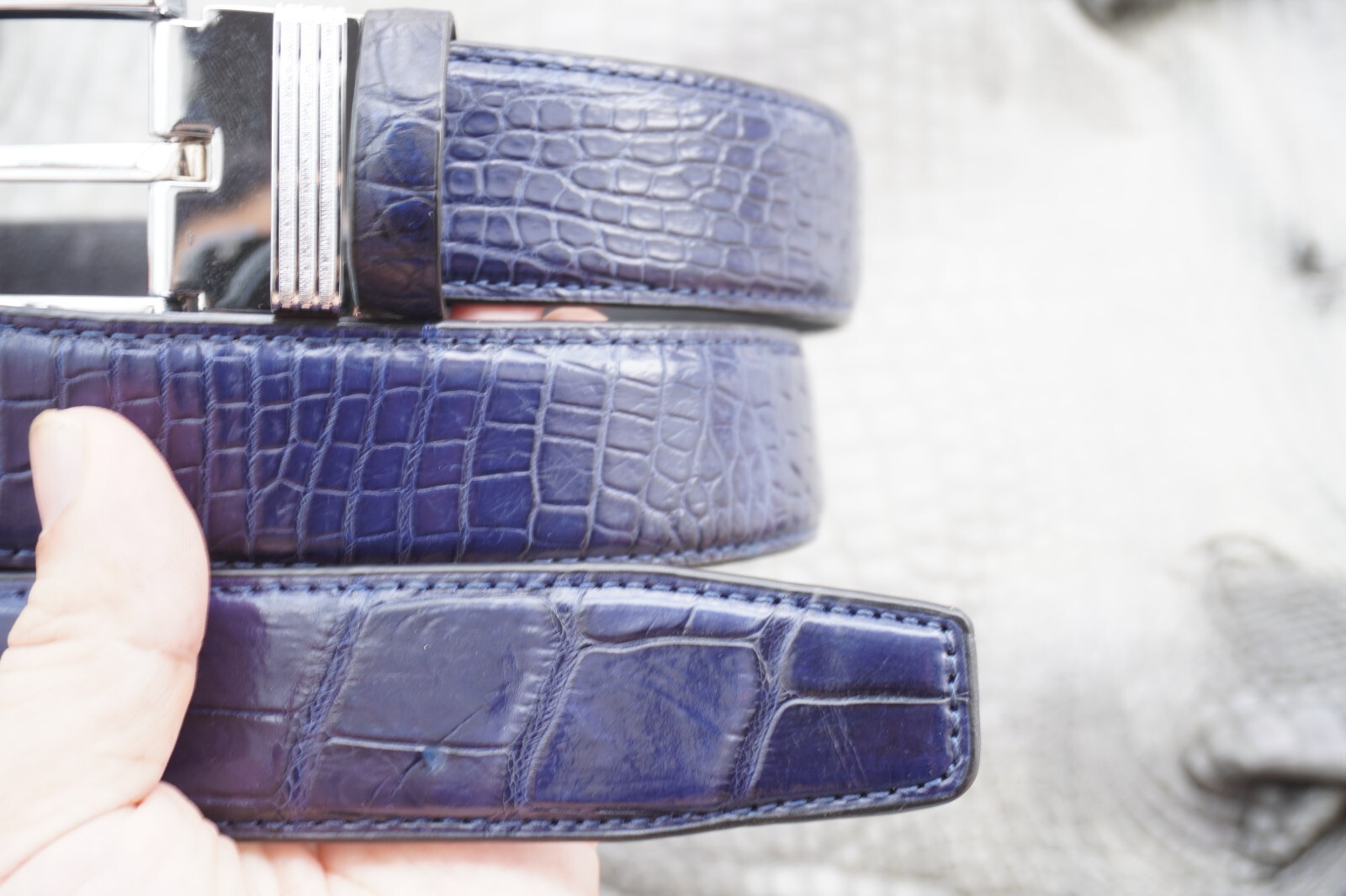 W1.3 inch Blue Real Crocodile Belly Leather Skin Men’s Belt Pin Buckle #L52