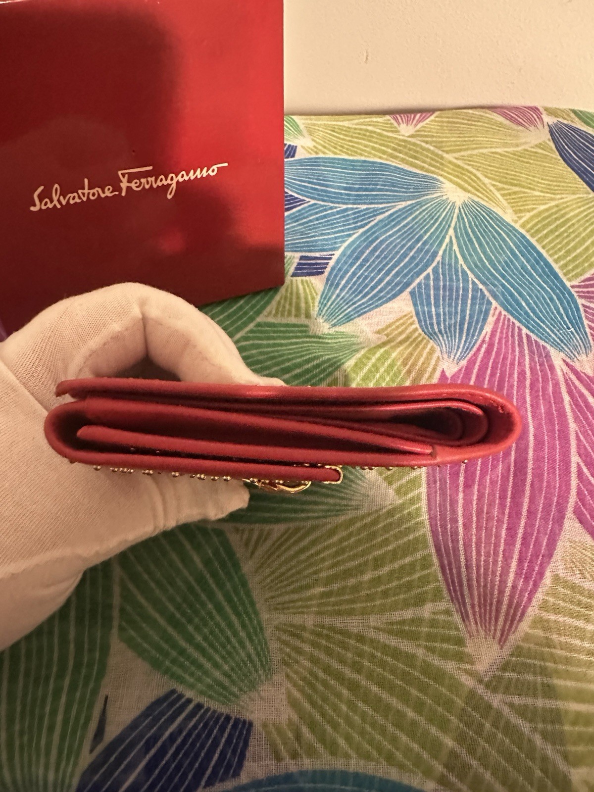 Salvatore Ferragamo Women’s Bifold Wallet, Red Solid, Studded Logo, Gold Tone