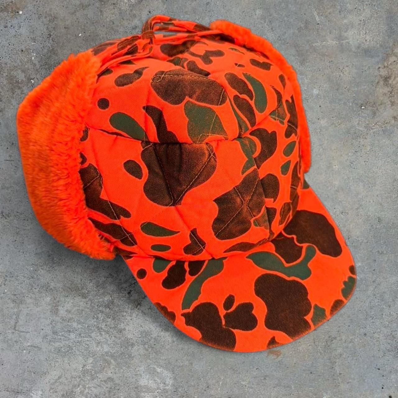 Vintage Ideal Blaze Orange Camo Trapper Hat Size Large