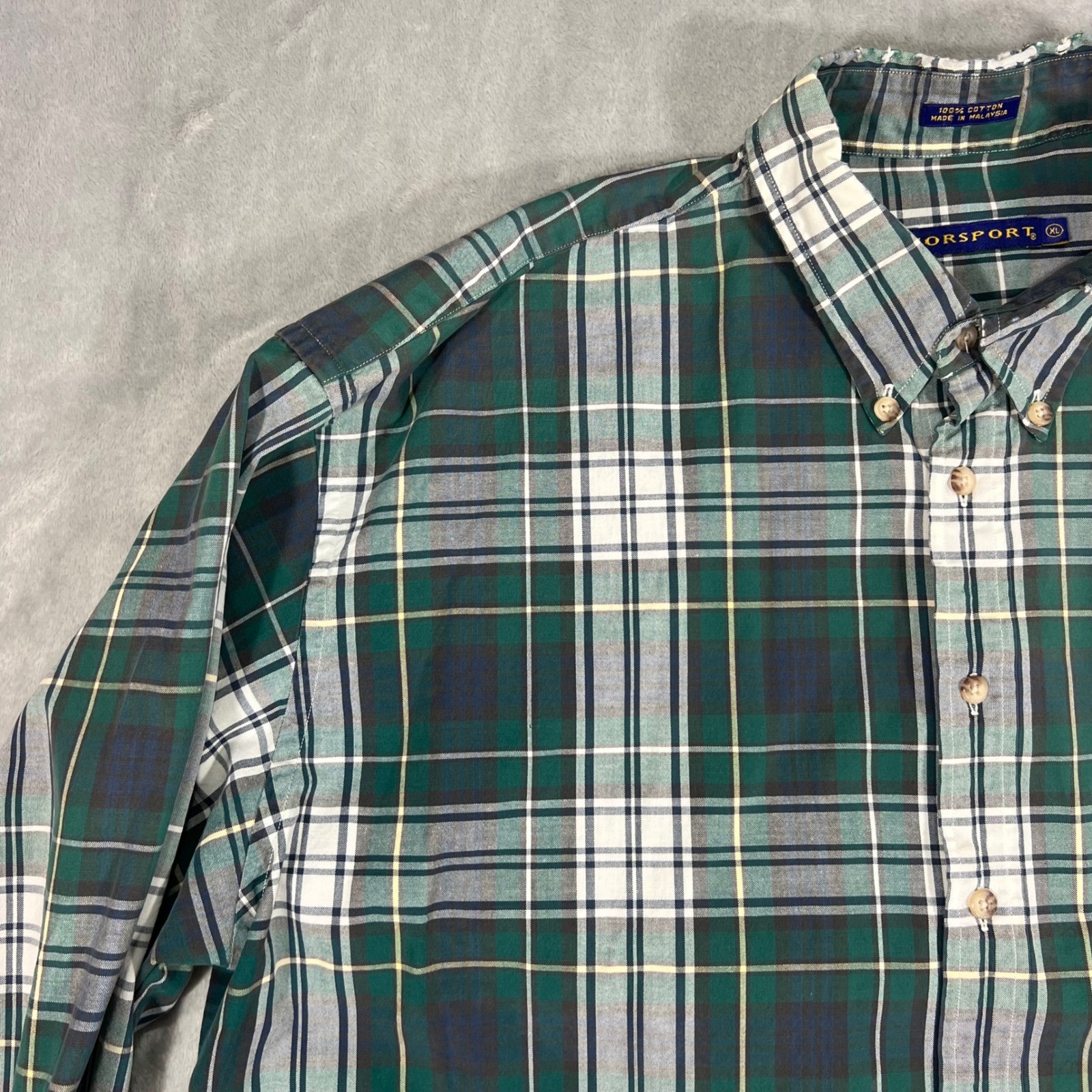 NORSPORT Vintage Mens Button Down Shirt XL Green White Plaid LS 100% Cotton Y2K