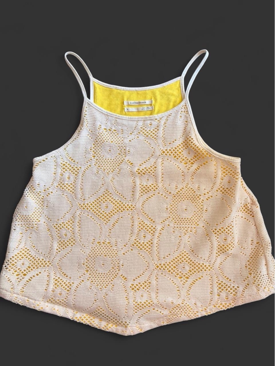 By Anthropologie Crochet Lace Tank Top Size Small S Open Stitch Yellow Lining