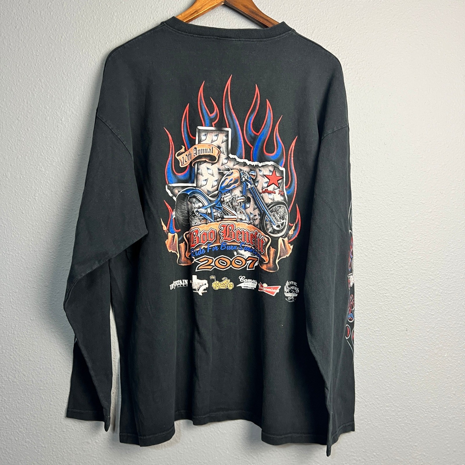 Anvil Boo Benefit Texas Motorcycle Cycle Graphic Long Sleeve Henley Shirt XL