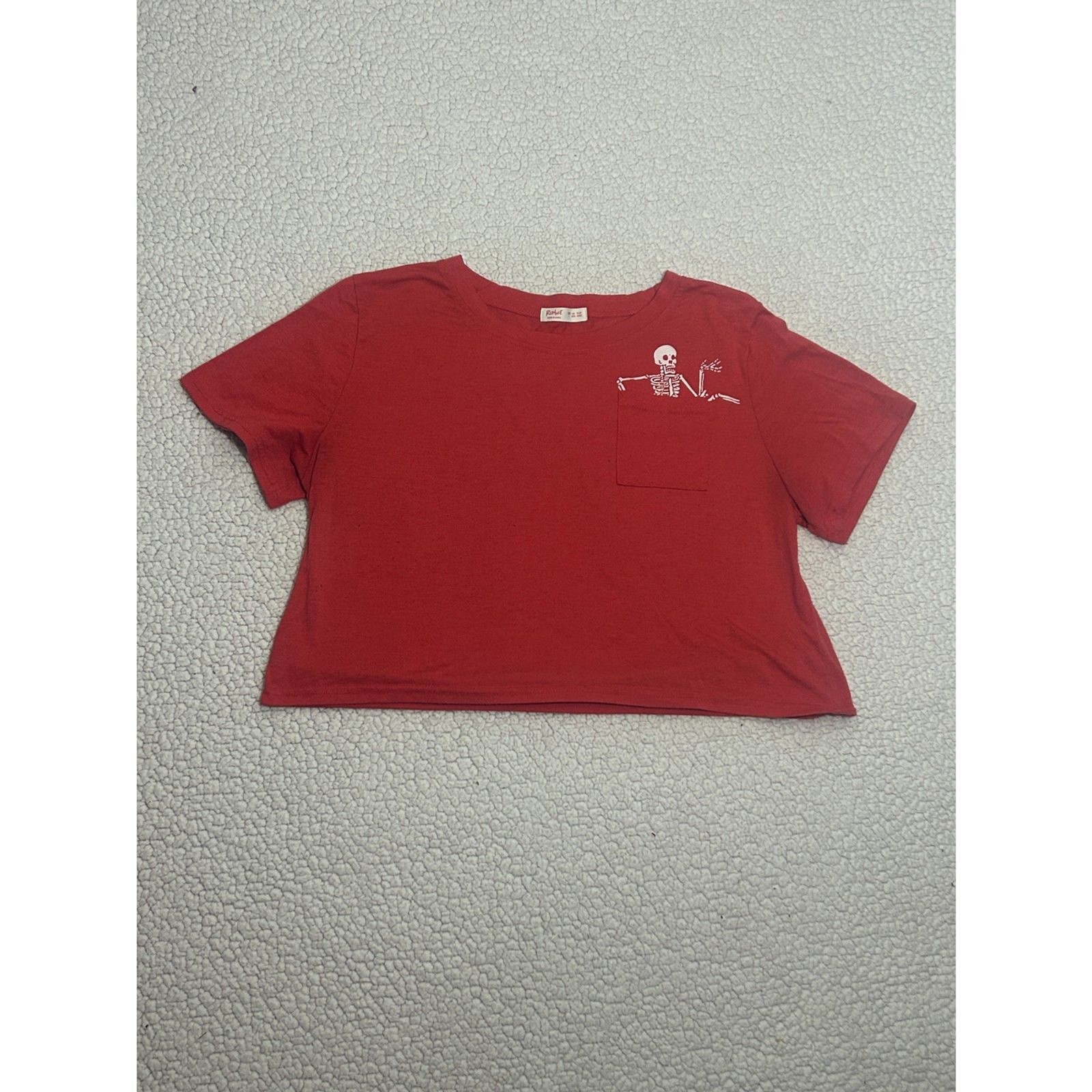 Y2K Halloween Romwe Red Skeleton Pocket Graphic Cropped Tee L