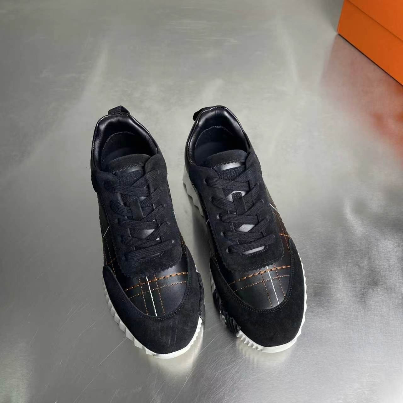Hermes Bouncing Sneakers Black Leather Suede Men’s Low Top Trainers
