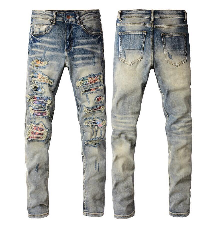 Men’s Retro Blue Denim Jeans Stretch Ripped Casual Punk Hip Hop Ripped Pants New