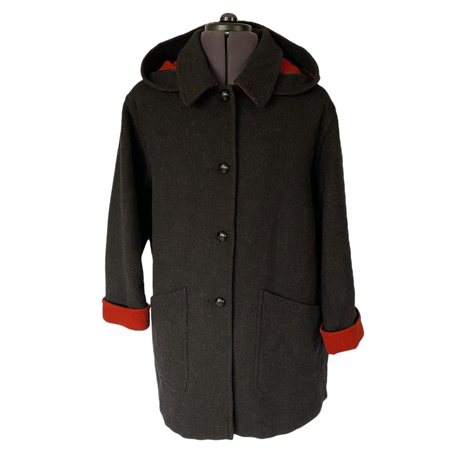 LODENFREY Hooded Coat Black Charcoal Virgin Wool Red Trim Ladies UK 18 D/A 44