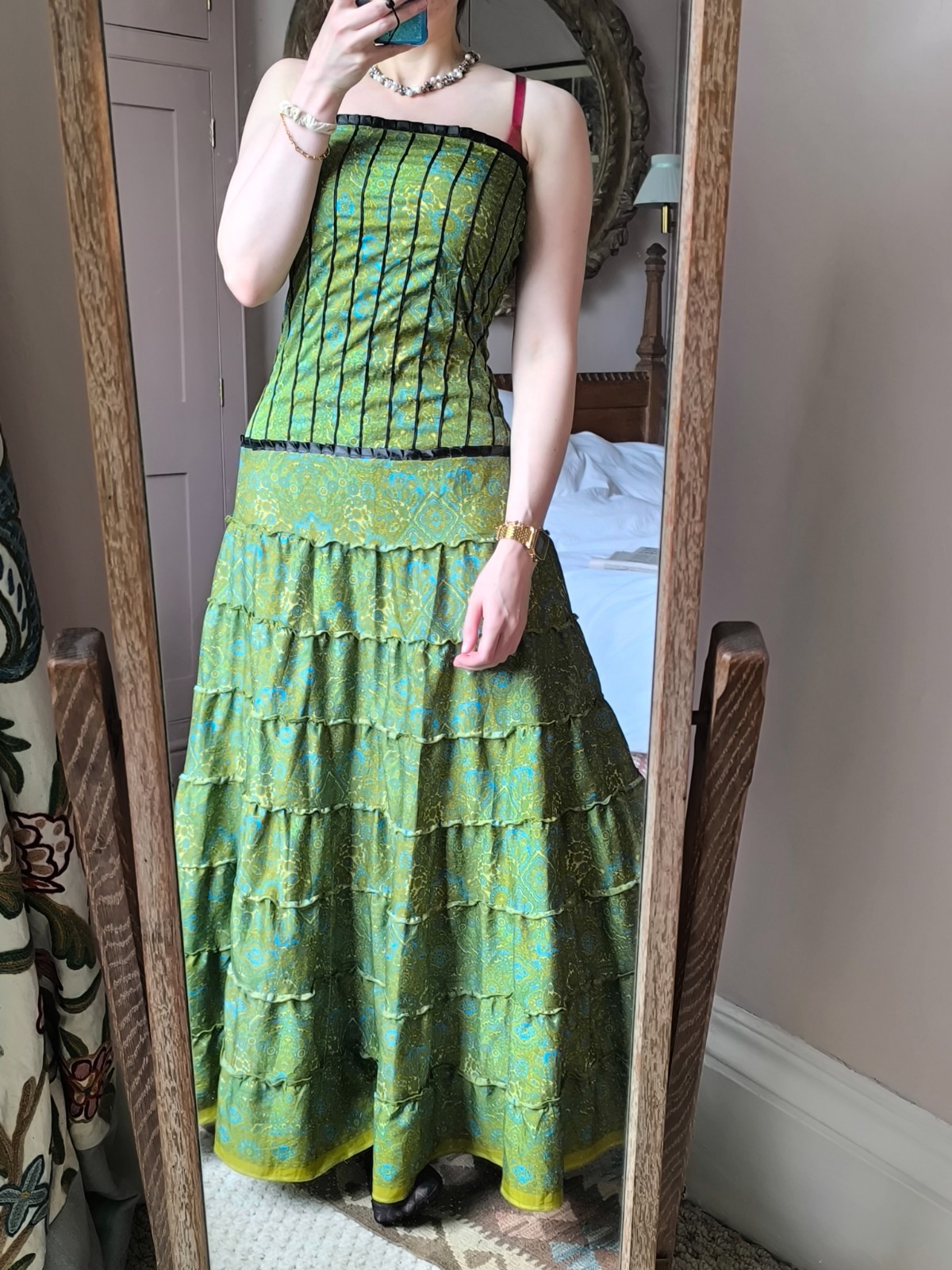 Vintage Indian Strapless Sun Dress 10 12 Shirred Green Paisley Tiered Faux Silk